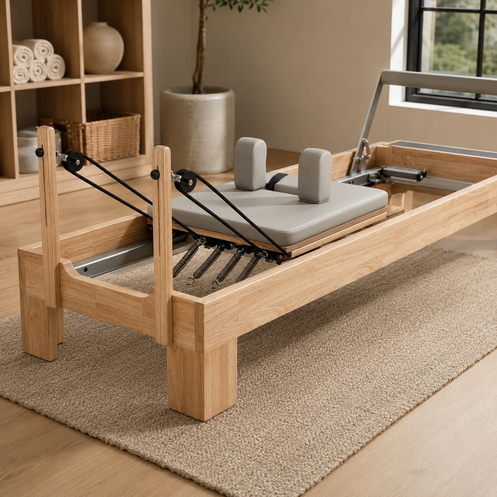 Pilates reformer carriage, shoulder blocks, resistance springs, cords, and pulleys
