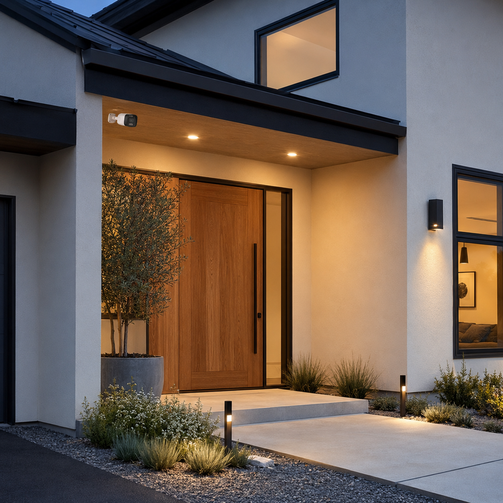White PoE security camera installed above a modern home entrance