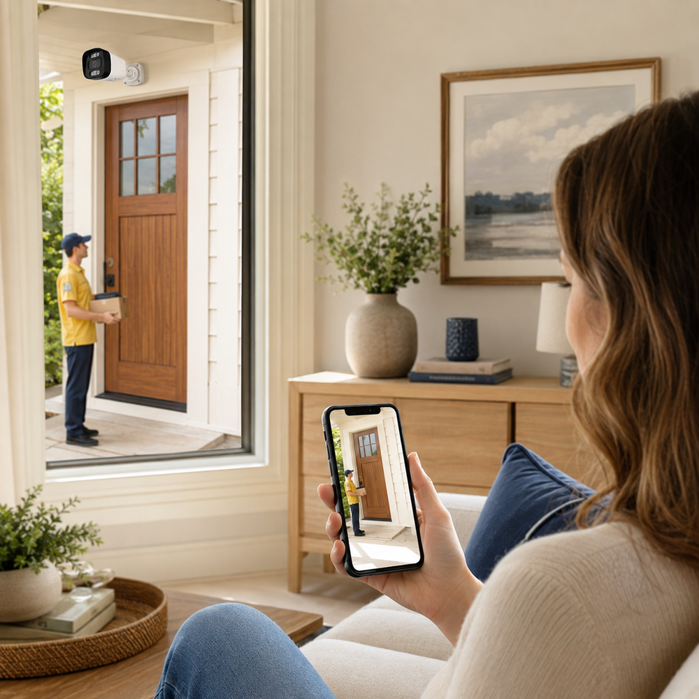 Homeowner viewing a front door security camera feed on a smartphone