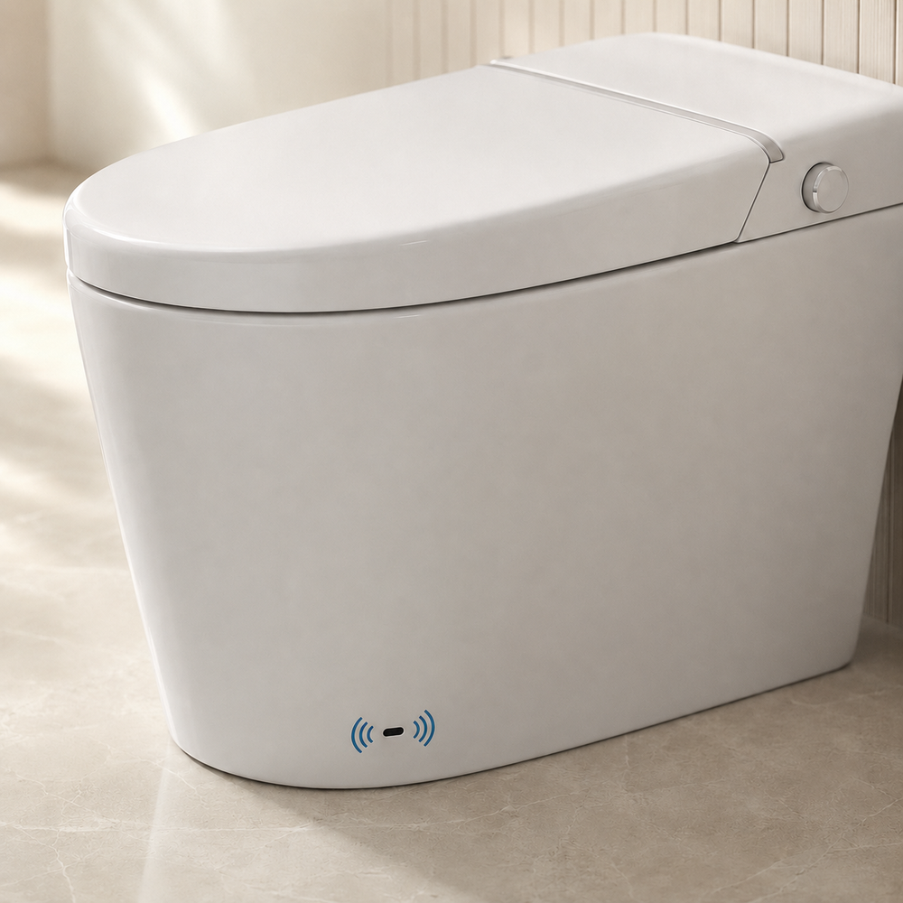 Foot sensor and side control knob on a white smart toilet and bidet