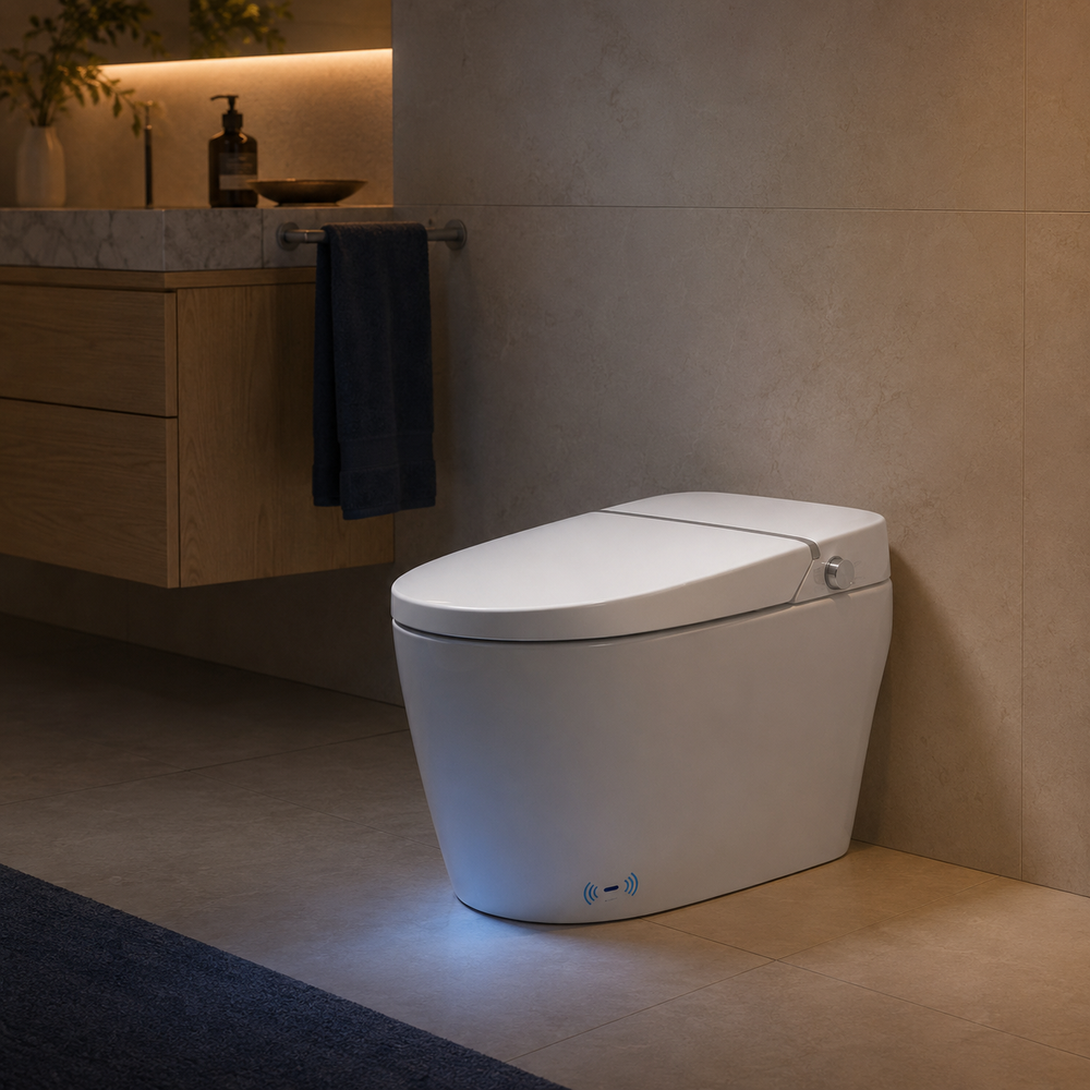 One-piece smart toilet and bidet with a soft blue night light
