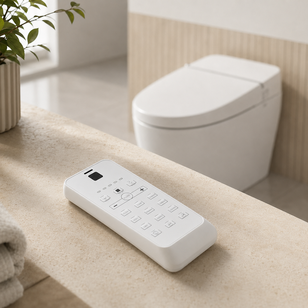 Wireless remote control for a one-piece smart toilet and bidet