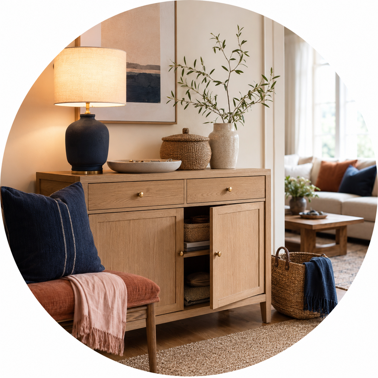 Stylish functional entryway with navy and rust textiles, natural oak storage, woven baskets, and a warm table lamp