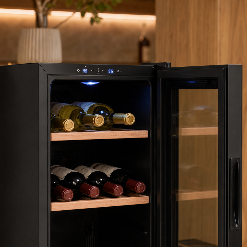 Electronic touch controls and beech wood shelves inside the wine fridge