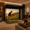Indoor golf simulator enclosure in an elegant evening entertainment room