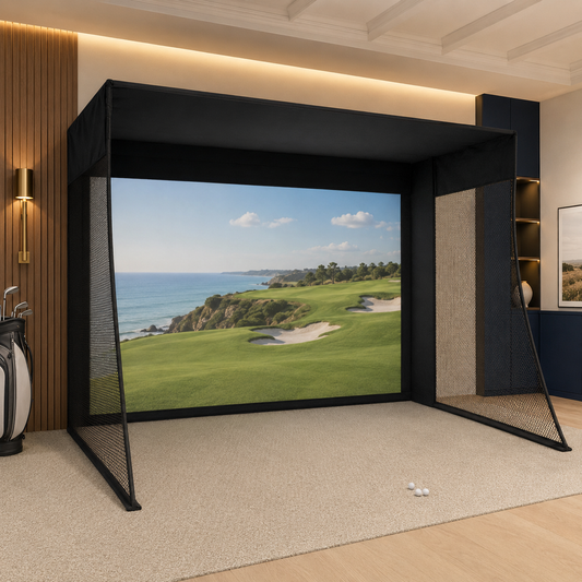 Premium indoor golf simulator enclosure in a luxury home golf room