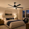 65-inch black ceiling fan with LED light in an elegant evening bedroom