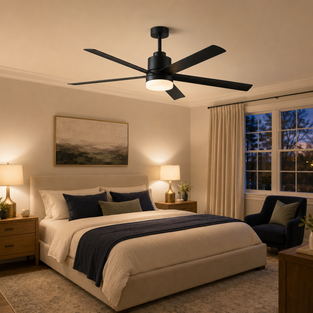 65-inch black ceiling fan with LED light in an elegant evening bedroom