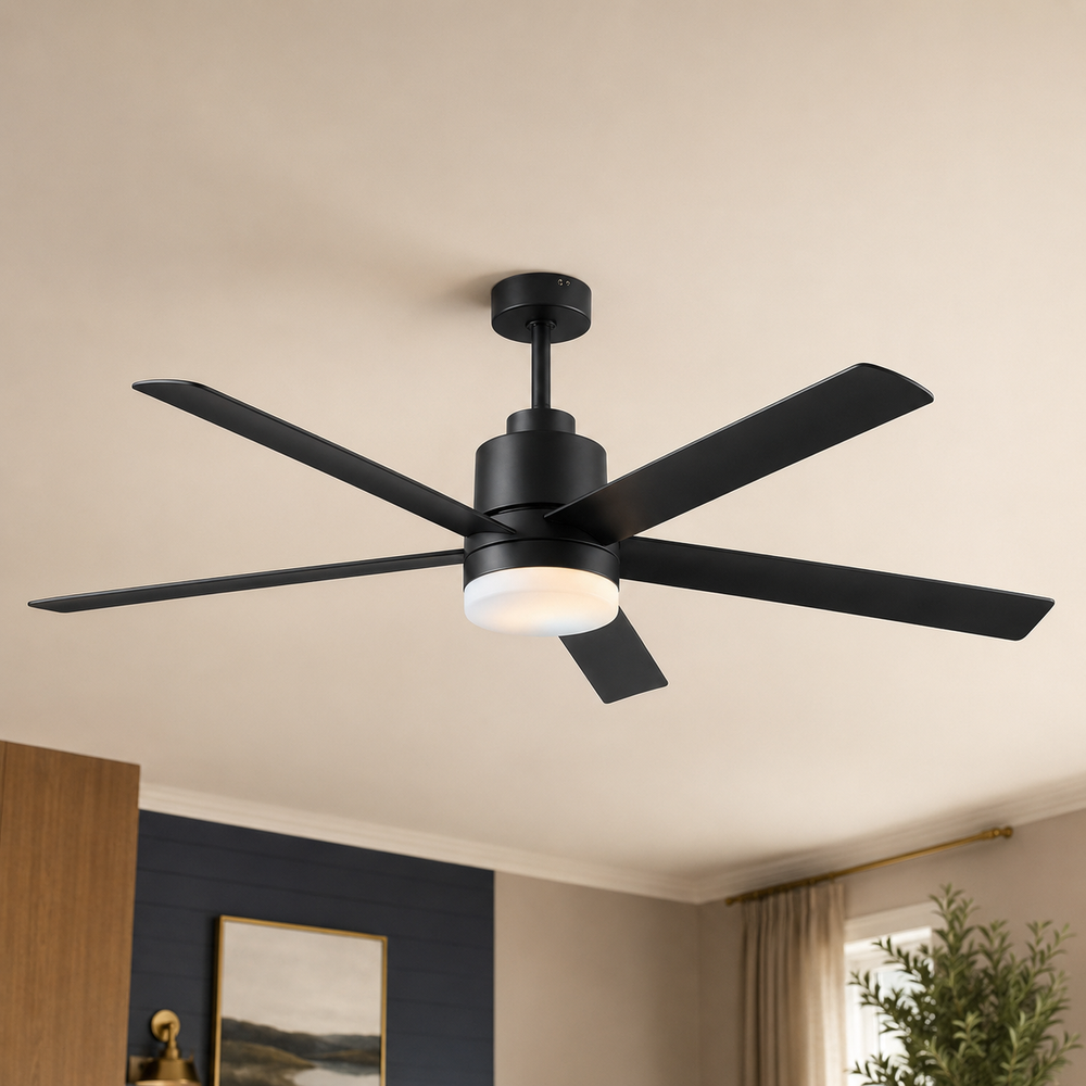 Close-up of matte black five-blade ceiling fan with integrated LED light