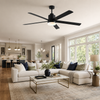 Large 65-inch black five-blade ceiling fan in an open-plan great room