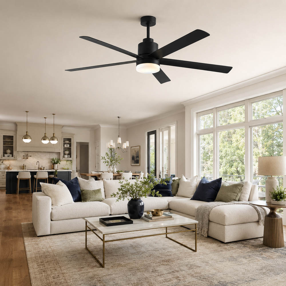 Large 65-inch black five-blade ceiling fan in an open-plan great room