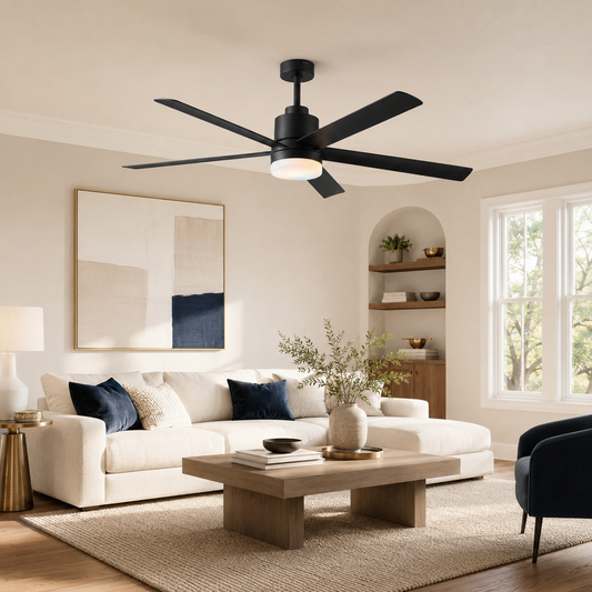 65-inch modern black ceiling fan with dimmable LED in a cream and oak living room