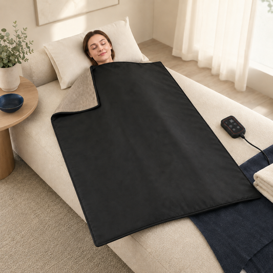Portable far infrared sauna blanket in a refined cream home wellness room