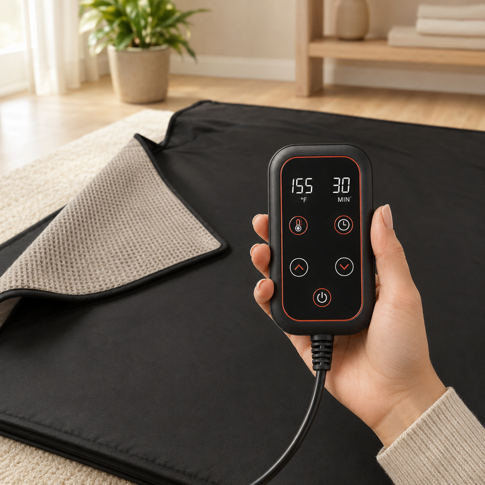 Corded sauna blanket controller showing adjustable temperature and timer settings