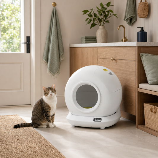 78L smart self-cleaning litter box in a refined home with a cat