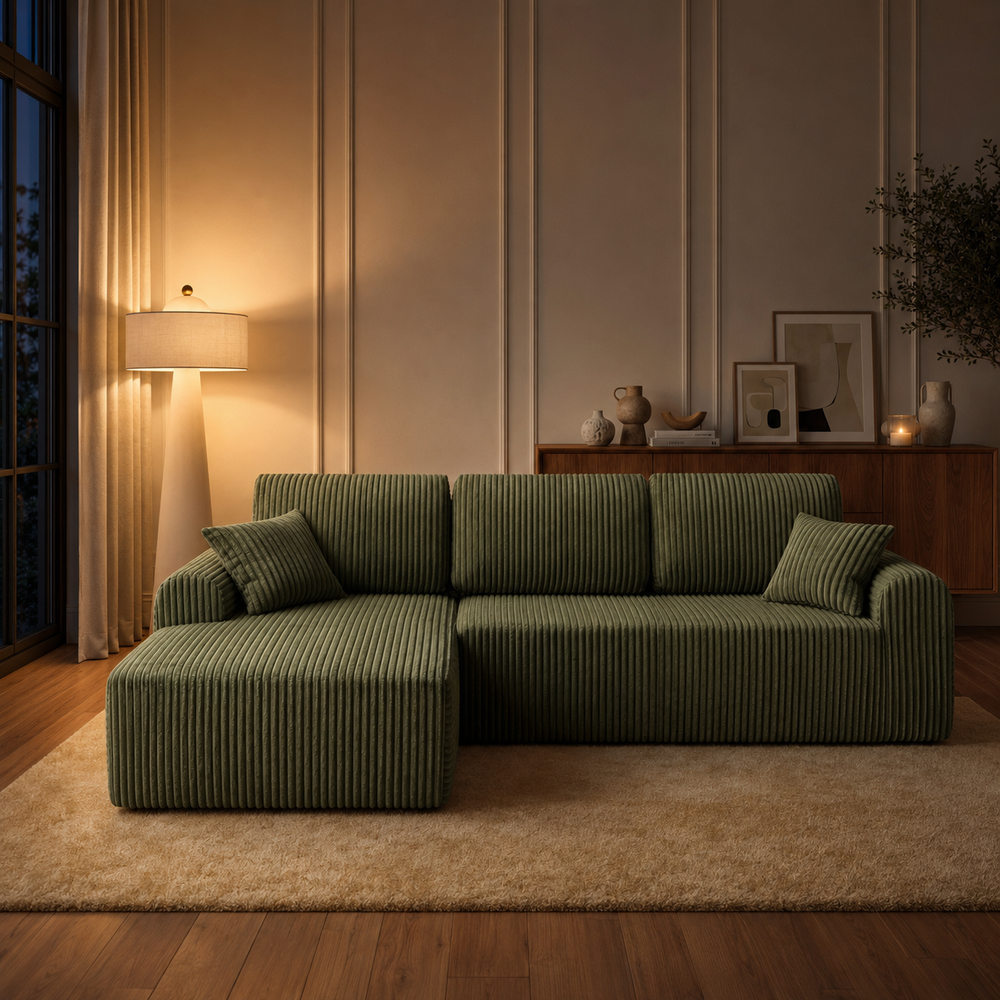 WillowCloud green corduroy sectional sofa in a warm evening living room