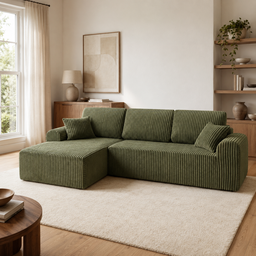 WillowCloud olive green modular sectional with three back cushions in a bright living room