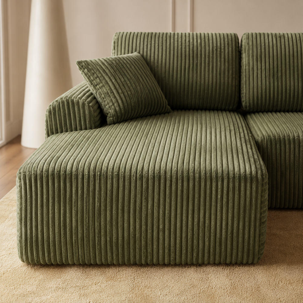 Close-up of WillowCloud deep chaise and wide-wale olive green corduroy